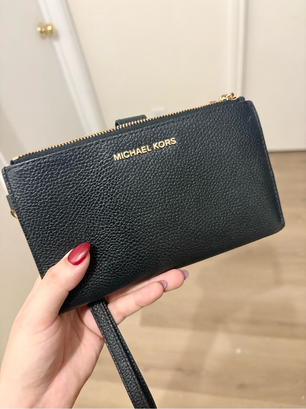 Michael Kors Black Leather Wallet Wristlet with Gold Hardware